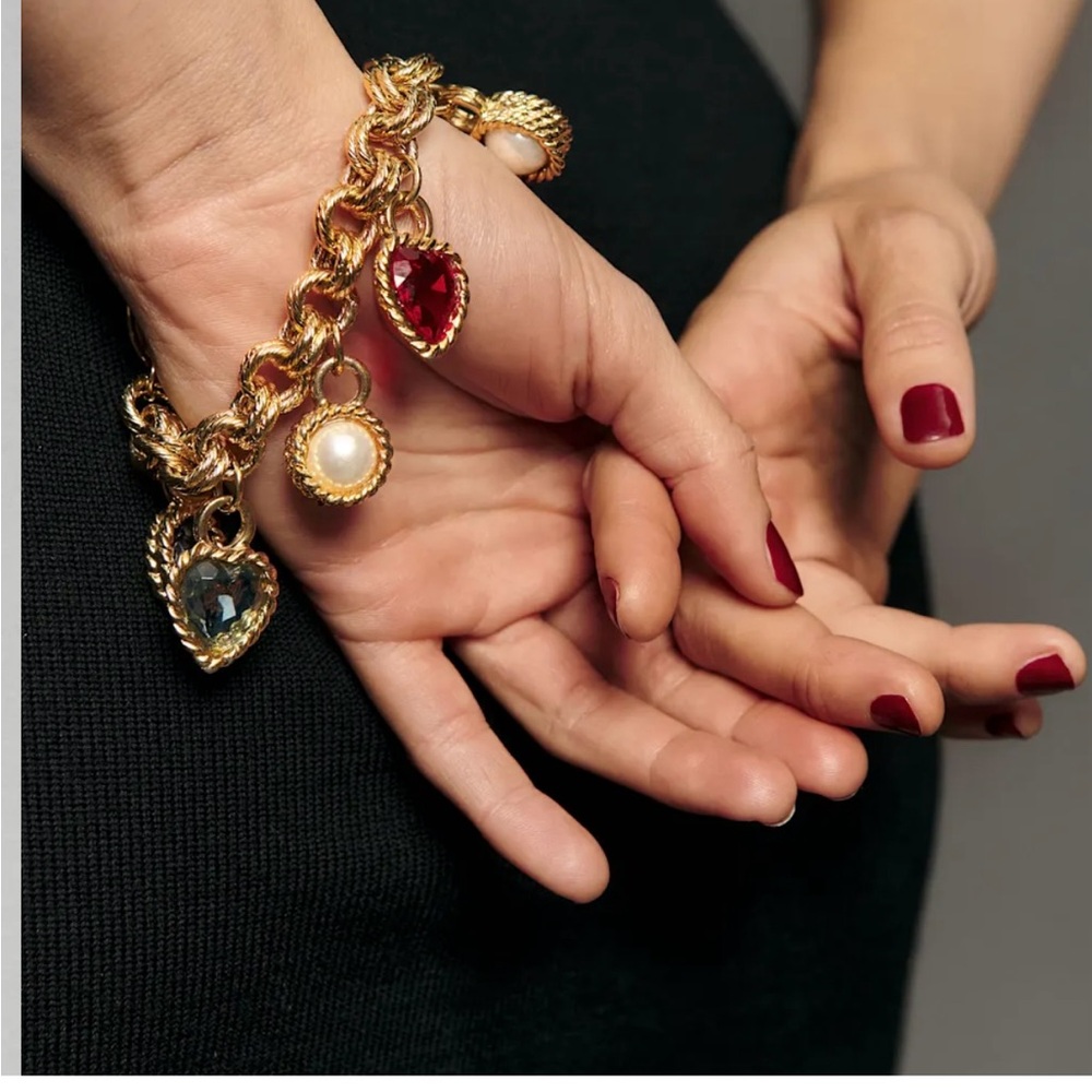 Vintage 1980s Givenchy Gold Bracelet with Red and Blue Heart Charms